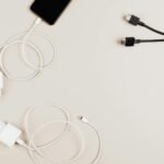 top view of cables and chargers on table