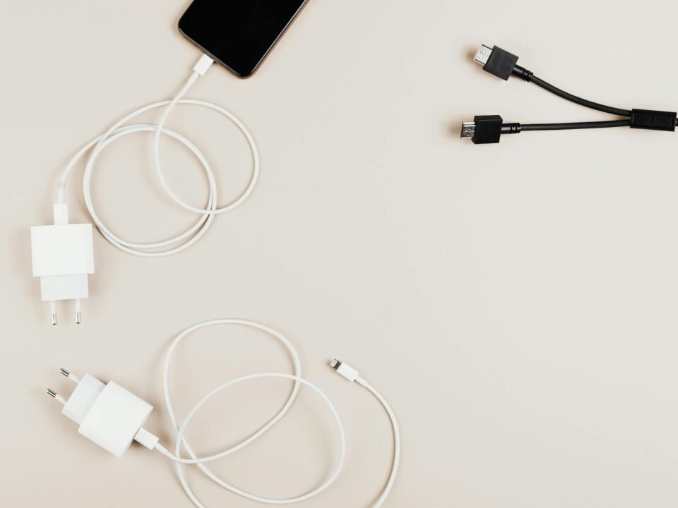 top view of cables and chargers on table